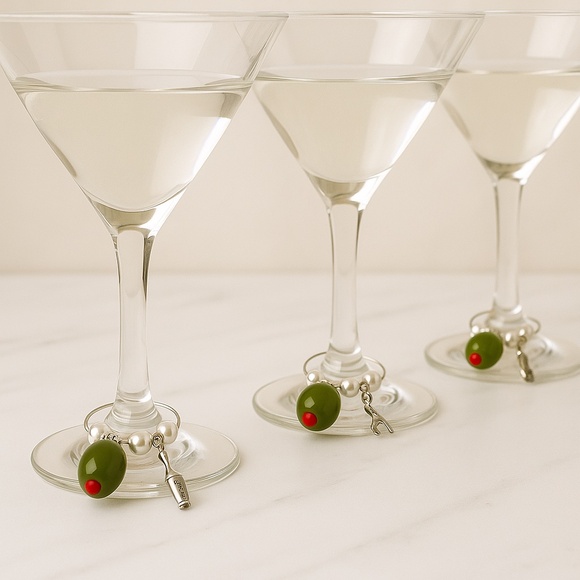 Green Olive Wine Glass Charms – Set of 4 | Martini Party Stemware Markers - Picture 4 of 12